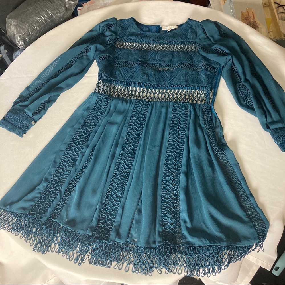 Eri + Ari Teal Chalene Lace Skater Sheer Embroidered Dress Long Sleeve - Picture 11 of 14